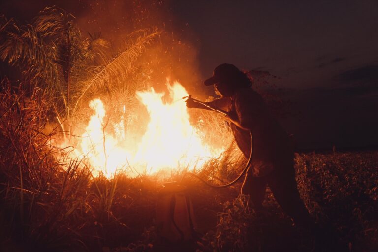 A firefighter against the night sky